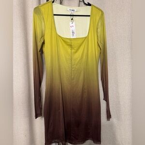 Steve Madden Ombré Yellow Brown Bodycon Dress Long Sleeve